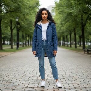 St Johns Bay Womens Blue Hooded Rain Jacket Parka Medium Snap Button Pockets NEW